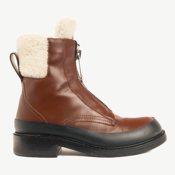 Chloe Roy Bark Brown Leather Zip-Front Shearling Boots - Picture 1 of 10